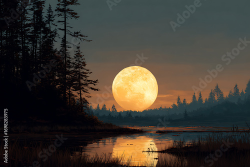 Luminous Full Moon Rising Over a Serene Forest Lake at Dusk