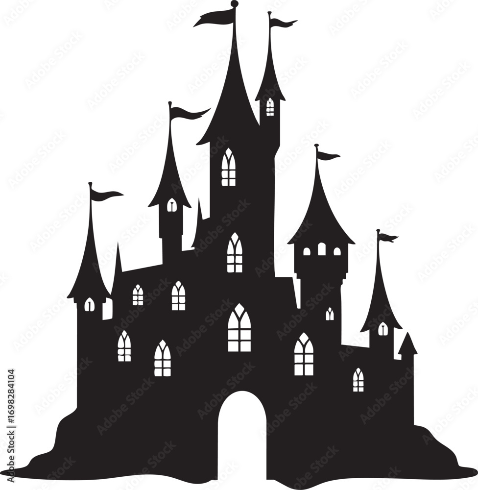 Obraz premium Silhouette of a fairytale castle with flags and windows