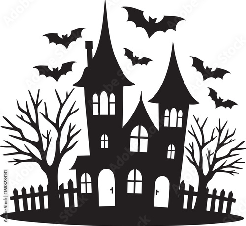 Silhouette Halloween Haunted House With Bats And Trees