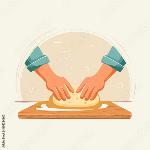 Two Hands Kneading Dough on Wooden Board