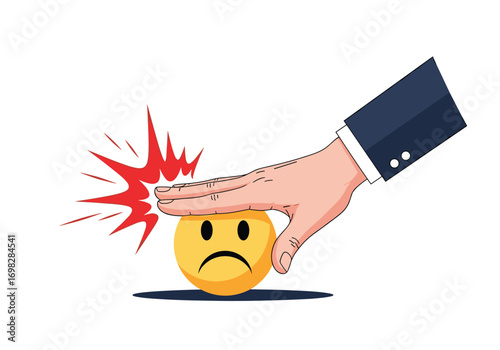 Illustrating negative emotions under pressure a hand crushing a sad emoji symbolizing stress and unhappiness