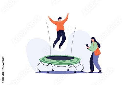 Illustrating financial growth and investment success with a person bouncing high on a money trampoline