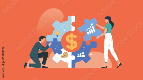 Vector art of teamwork and collaboration to achieve financial success and business goals