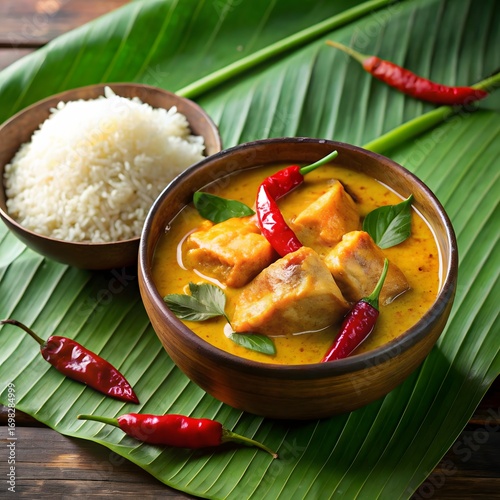 3d icon of delicious chicken curry served with fluffy white rice on a banana leaf, garnished with red chilies and fresh herbs