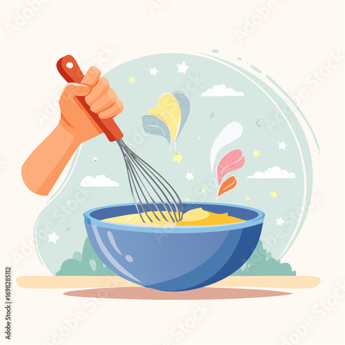 Hand Whisking Batter in Blue Bowl with Dreamy Background