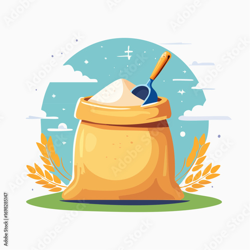 Sack of Flour with Scoop and Wheat on Green Field Under Blue Sky