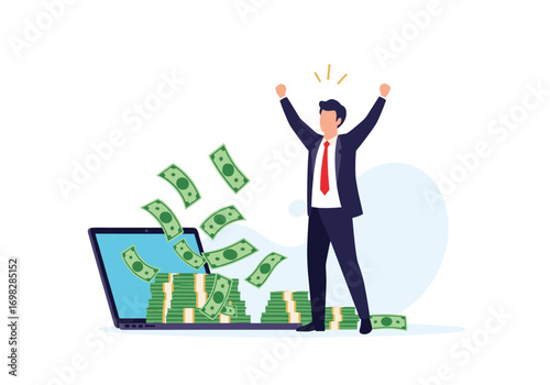 Successful businessman celebrating financial success and abundant wealth emerging from a laptop computer screen