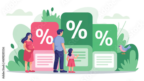 Vector art of family financial planning with percentage growth and investment opportunities