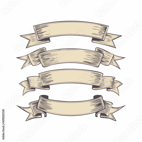 Collection of hand-drawn vintage style ribbon banners with folded edges, perfect for classic titles and decorative text
