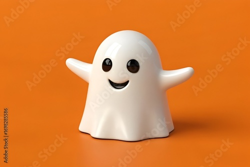 3D Rendering of Cute White Ghost Figure with Smiling Face on Vibrant Orange Background