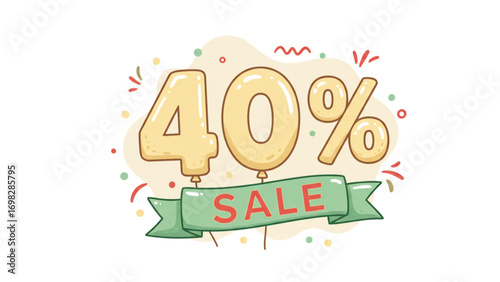 40 Per cent Off Sale Balloon Numbers with Green Banner and Pastel Text Cartoon Design