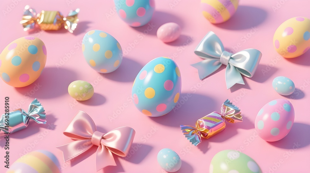 Fototapeta premium Colorful Pastel Easter Eggs and Candy on a Pink Background