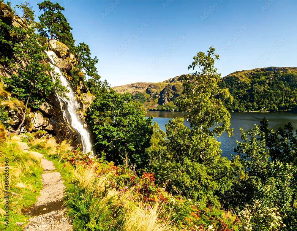 Obraz premium Scenic waterfall cascading down rocky cliff, tranquil lake and lush foliage