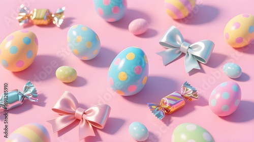 Colorful Pastel Easter Eggs and Candy on a Pink Background