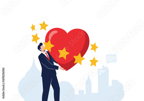 Customer appreciation business professional holding a giant heart surrounded by stars representing loyalty and satisfaction