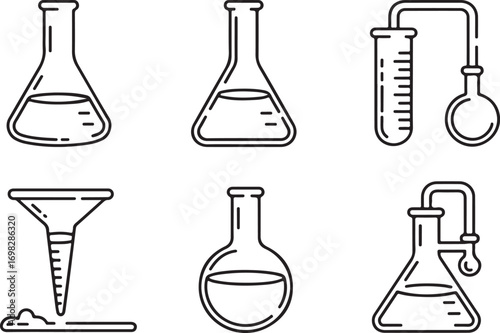 Collection of six hand drawn laboratory glassware icons isolated on white background