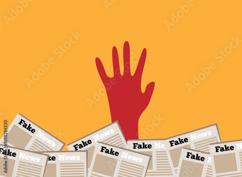 Person Drowning in Fake News Newspapers. Mass media and printed press information vector art