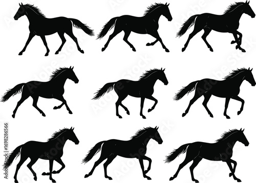 Horse silhouette vector set, galloping horse illustration, wild stallion running, black horse clipart, equestrian design, nature animal icon, dynamic horse pose