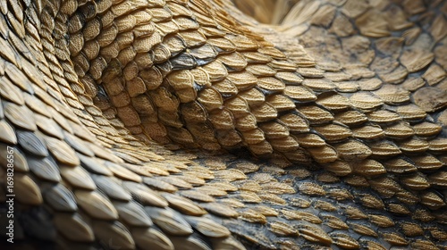 Extreme close up of overlapping textured brown and grey snake skin scales reptile pattern reptile skin