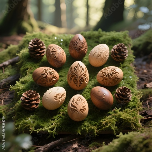 Traditional Carved Wooden Easter Eggs in a Forest
