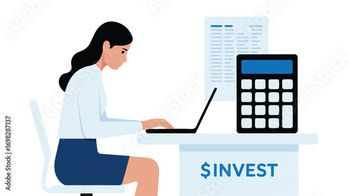 Vector art of woman investing and calculating financial data