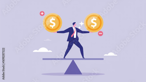 Vector art of balancing financial risks and rewards in business with a businessman