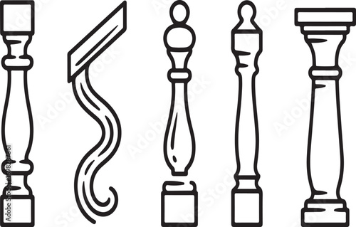 Collection of decorative wooden balusters and architectural elements isolated on white background
