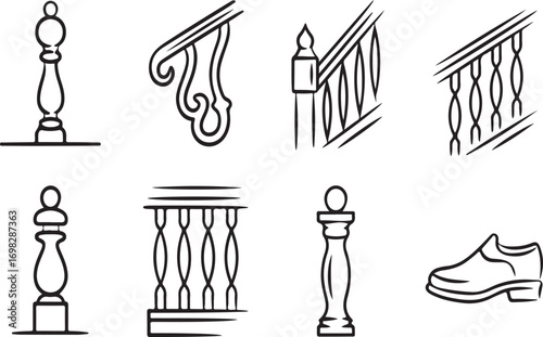 Collection of hand drawn architectural elements including balusters and a shoe isolated on white background