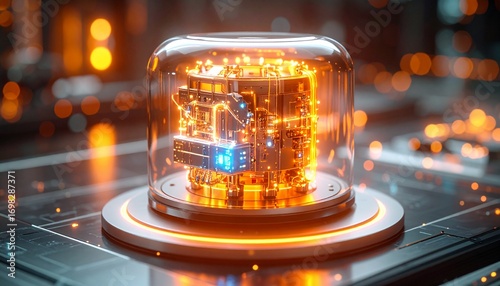 Small modular reactor with futuristic glowing components.