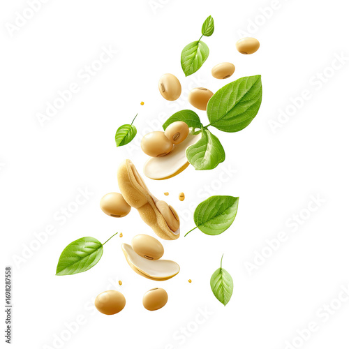 Soybeans and leaves in mid-air, a vibrant, detailed illustration