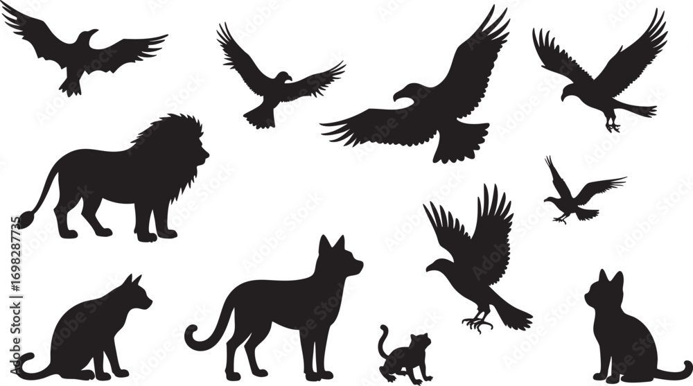 Obraz premium Silhouettes of birds of prey, cats, and a lion Keywords: animal, silhouette, eagle, hawk, falcon