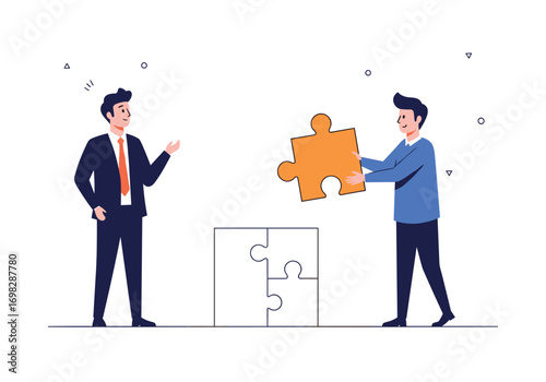 Business partners collaborating together successfully completing a challenging puzzle project