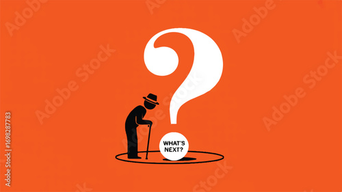 Vector art of elderly man contemplating future isolated on orange background