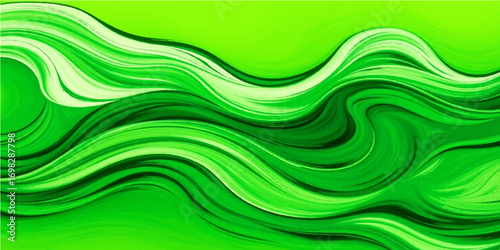Abstract waves of light and green lines create a dynamic, colorful backdrop with a curved, flowing motion
