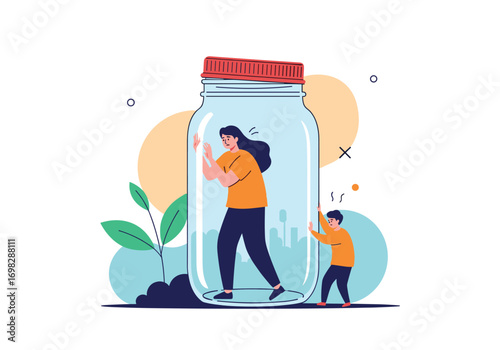 Adult and child trapped inside a glass jar feeling confined and limited with hands against the glass