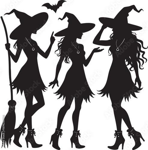 Silhouettes of Three Witches with Hats and Broom magic