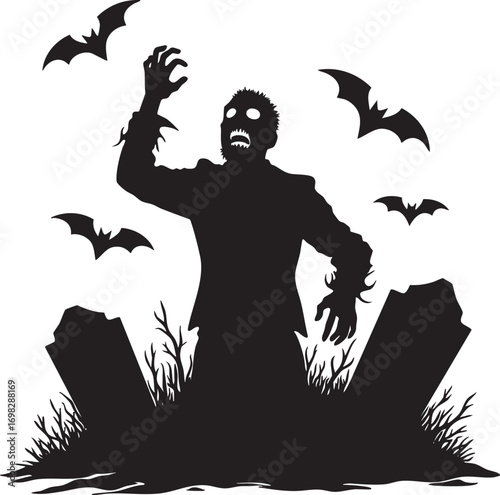 Silhouette of a zombie rising from the grave with bats
