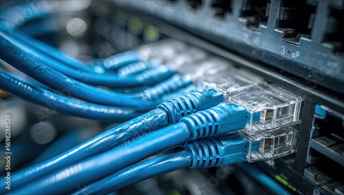 Close up view of blue ethernet cables plugged into network switch ports for data connectivity.