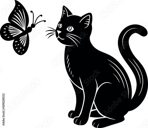 Curious black cat stares intently at a fluttering butterfly in a whimsical artistic rendering