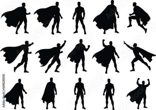 Superhero silhouette vector set, heroic poses, flying action figure, muscular man in cape, comic style illustration, black silhouette characters