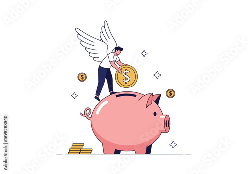 A helpful angel investor contributes money to a piggy bank symbolizing savings and financial growth