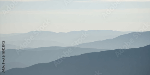 Misty morning view of sun rising over a foggy mountain valley with a forest in the foreground