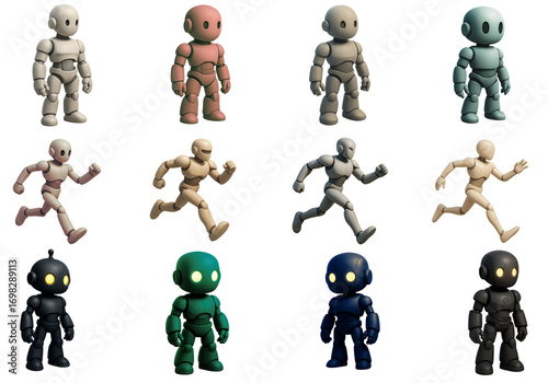 Playful 3D robots in poses, robot characters run and idle across colors, robot figures show soft lighting and rounded joints for apps games branding, isolated on transparent background for design set