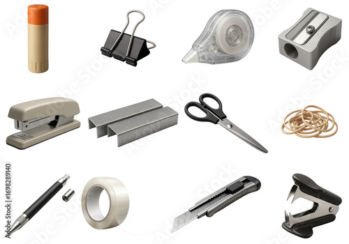 Office stationery set in rows, stationery items include stapler scissors tape pen knife and clips, stationery tools for desk order and school use, isolated transparent background for ecommerce design
