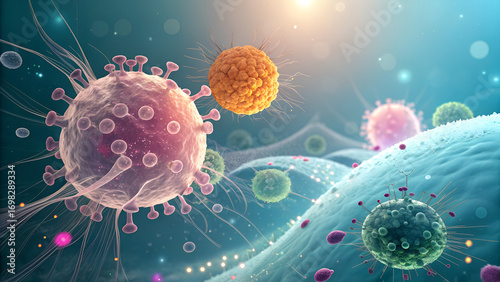 Microscopic view of infectious viruses and cells, visualizing disease and medical research.