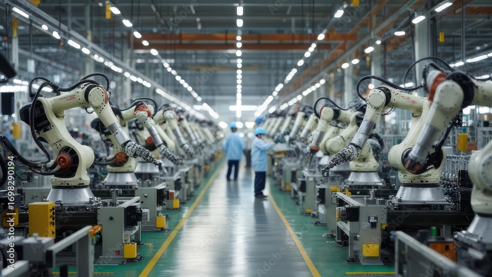 Naklejka premium Automated factory assembly line with robotic arms