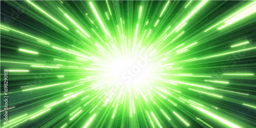 A glowing green abstract background with rays of bright light bursting from a starburst pattern
