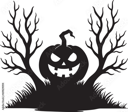 Spooky Halloween pumpkin silhouette with bare trees Keywords: halloween, pumpkin, jack o lantern