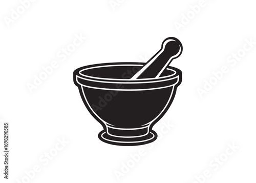Mortar and pestle black silhouette vector illustration isolated on white background.