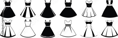 Vintage dress silhouette set, retro fashion dresses, women’s clothing icons, black and white vector, elegant outfit collection, feminine style